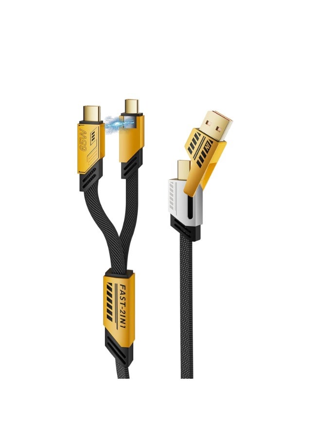 ايساجر كابل شحن سريع 4 في 1 بمنفذ USB-C مزدوج ومنفذ USB-A، يدعم الشحن السريع PD بقدرة 65 واط، كابل شحن مضفر مسطح ومقاوم للتشابك - Image 1